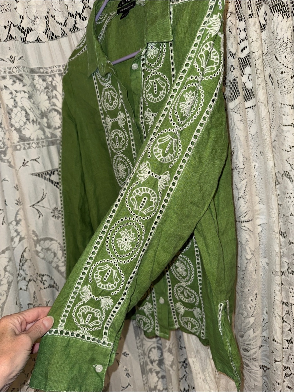 J. Crew Green Linen Embroidered Button-Up top - Picture 4 of 8